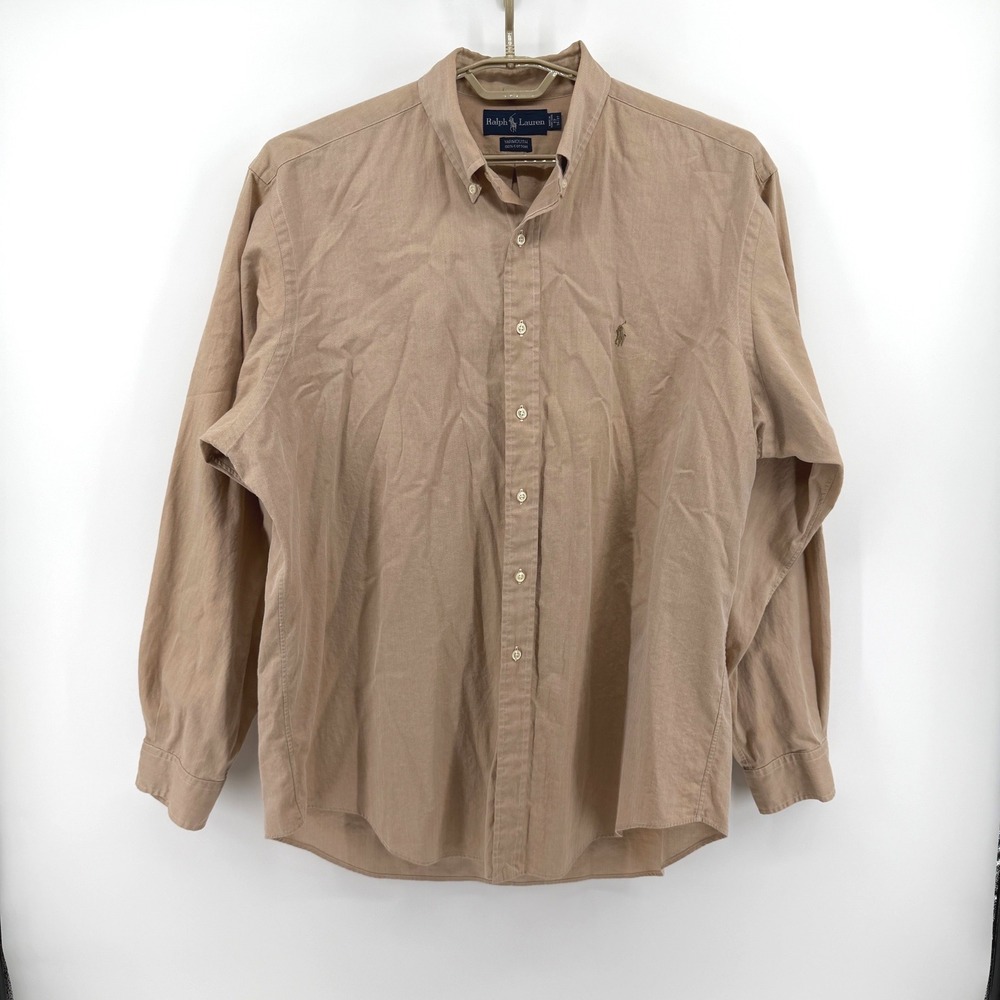 Ralph Lauren Yarmouth Tan Herringbone Button Down Shirt Mens 17 36/37 Polo Pony